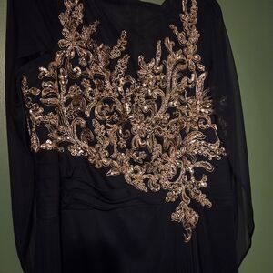 Betsy & Adam Elegant Black Dress with Gold Embroidery